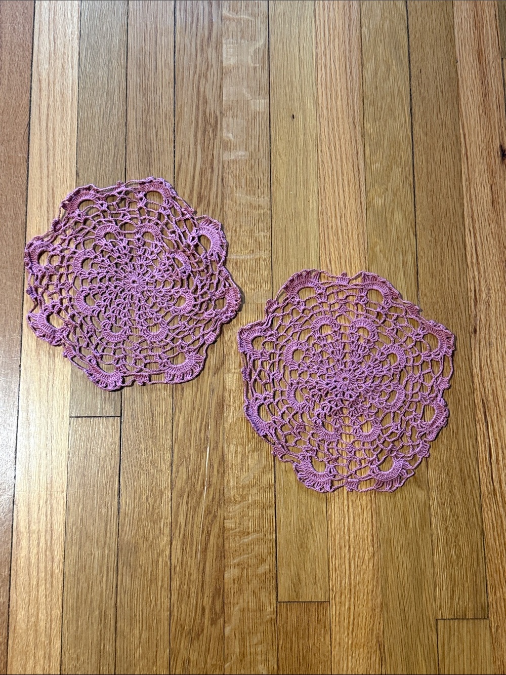Vintage Handmade Pink Mauve Knitted Crochet Doily Table Set of Two Doilies
